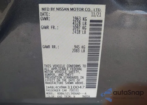 2022 Nissan Altima Sr Fwd из США, поврежденный, VIN 1N4BL4CV9NN310047